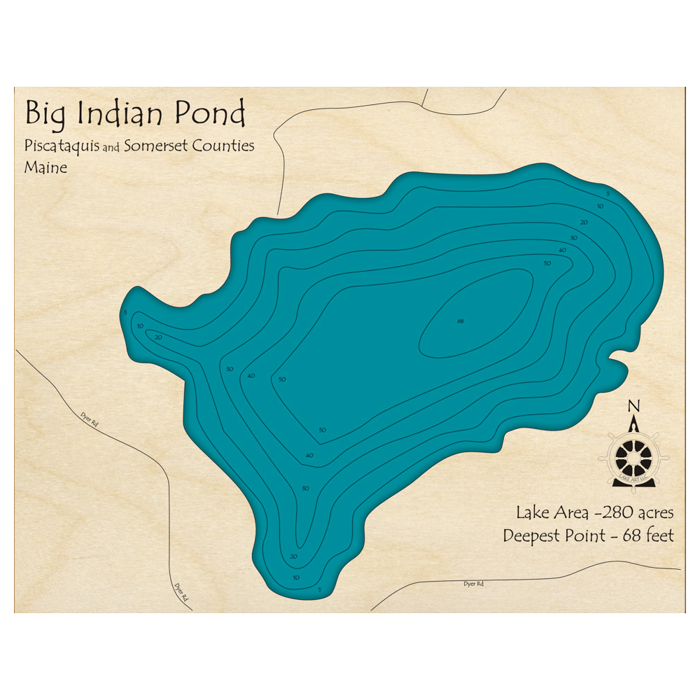 Bathymetric topo map of Big Indian Pond, ME with roads, towns and depths noted in blue water.