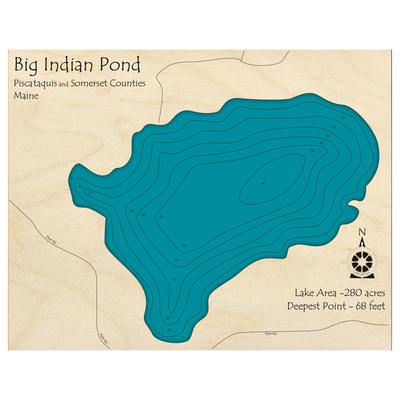 Bathymetric topo map of Big Indian Pond, ME with roads, towns and depths noted in blue water.
