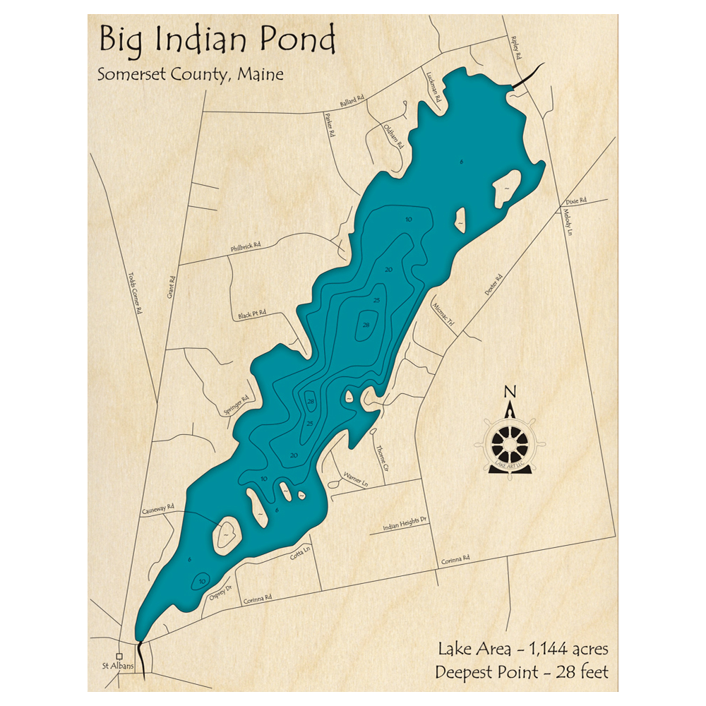 Bathymetric topo map of Big Indian Pond, ME with roads, towns and depths noted in blue water.