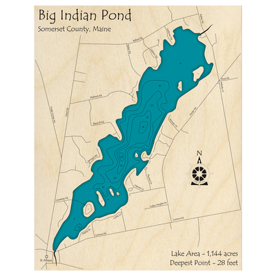 Bathymetric topo map of Big Indian Pond, ME with roads, towns and depths noted in blue water.
