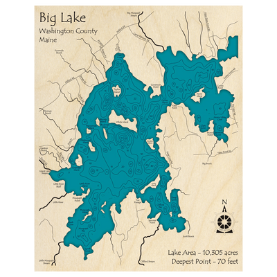 Bathymetric topo map of Big Lake, ME with roads, towns and depths noted in blue water.
