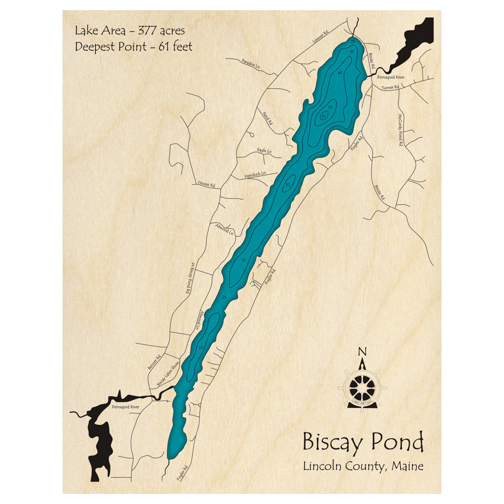 Bathymetric topo map of Biscay Pond, ME with roads, towns and depths noted in blue water.