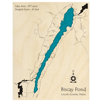 Bathymetric topo map of Biscay Pond, ME with roads, towns and depths noted in blue water.