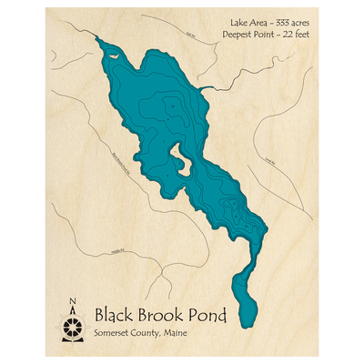 Bathymetric topo map of Black Brook Pond, ME with roads, towns and depths noted in blue water.