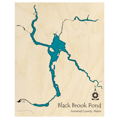 Bathymetric topo map of Black Brook Pond, ME with roads, towns and depths noted in blue water.