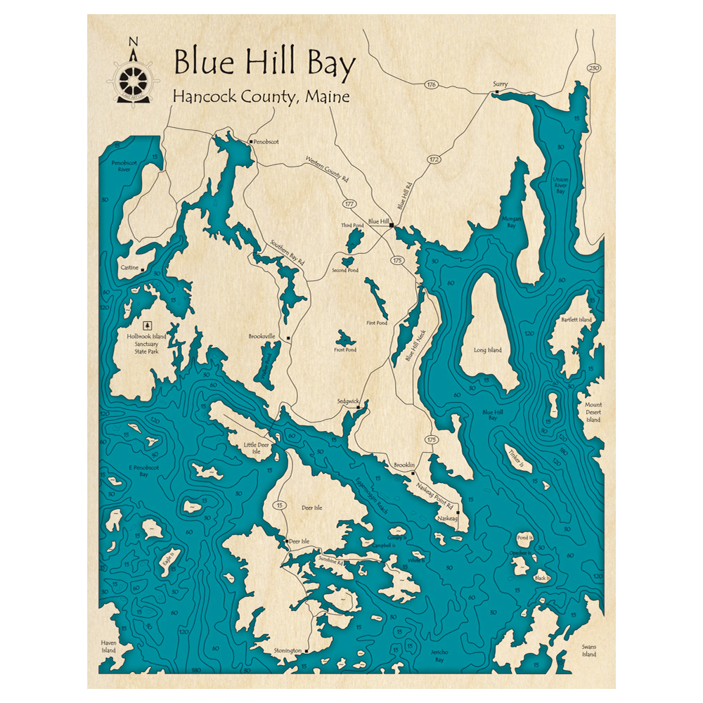 Bathymetric topo map of Blue Hill Bay, ME with roads, towns and depths noted in blue water.