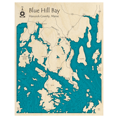 Bathymetric topo map of Blue Hill Bay, ME with roads, towns and depths noted in blue water.