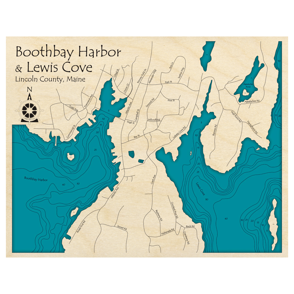 Bathymetric topo map of Boothbay Harbor and Lewis Cove, ME with roads, towns and depths noted in blue water.