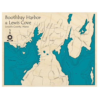 Bathymetric topo map of Boothbay Harbor and Lewis Cove, ME with roads, towns and depths noted in blue water.
