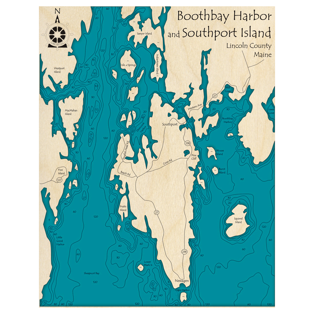 Bathymetric topo map of Boothbay Harbor and Southport Island, ME with roads, towns and depths noted in blue water.