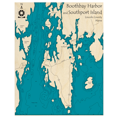 Bathymetric topo map of Boothbay Harbor and Southport Island, ME with roads, towns and depths noted in blue water.