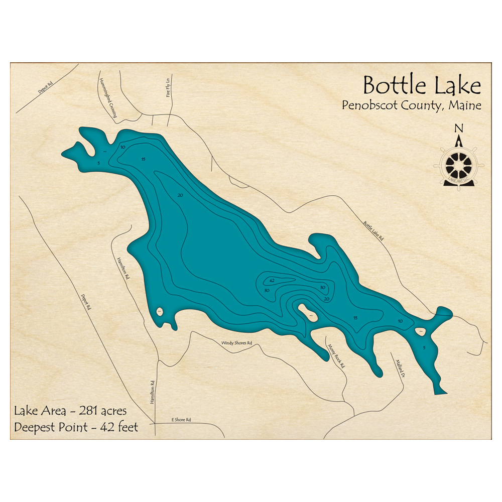 Bathymetric topo map of Bottle Lake, ME with roads, towns and depths noted in blue water.