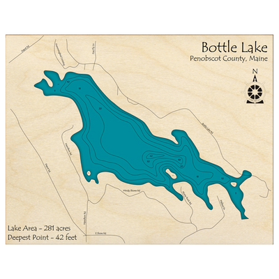 Bathymetric topo map of Bottle Lake, ME with roads, towns and depths noted in blue water.