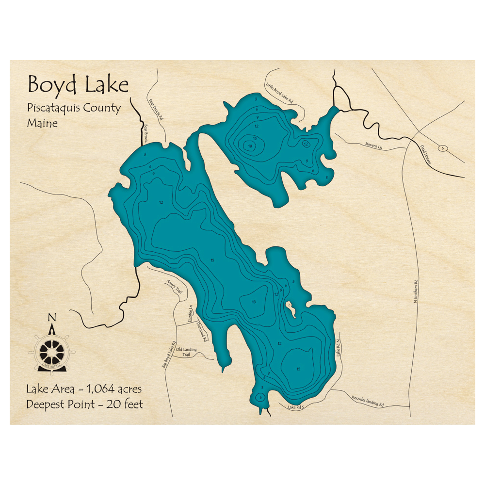 Bathymetric topo map of Boyd Lake, ME with roads, towns and depths noted in blue water.