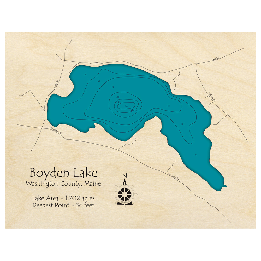 Bathymetric topo map of Boyden Lake, ME with roads, towns and depths noted in blue water.