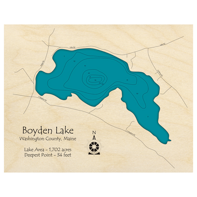 Bathymetric topo map of Boyden Lake, ME with roads, towns and depths noted in blue water.