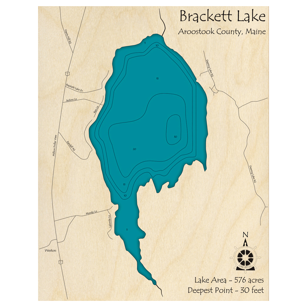 Bathymetric topo map of Brackett Lake, ME with roads, towns and depths noted in blue water.