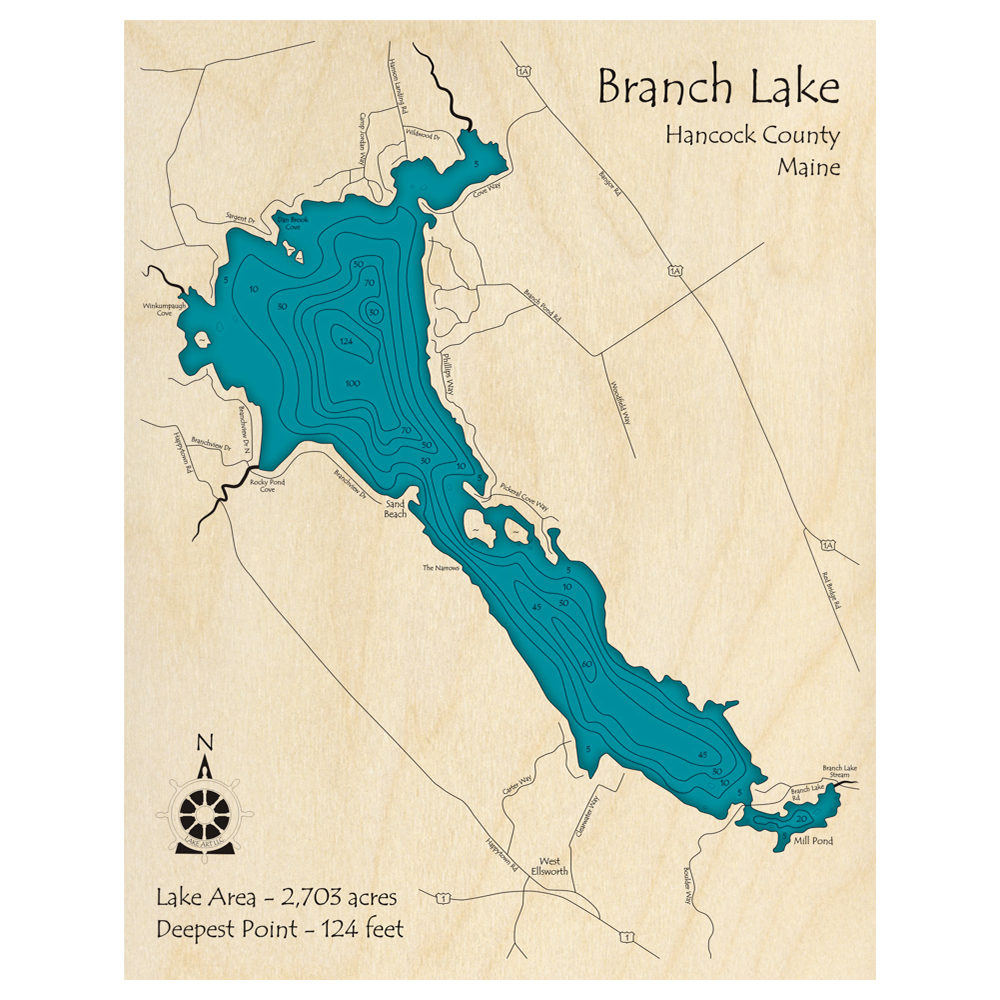 Bathymetric topo map of Branch Lake, ME with roads, towns and depths noted in blue water.