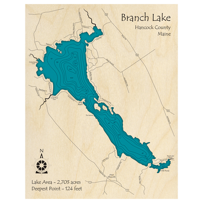 Bathymetric topo map of Branch Lake, ME with roads, towns and depths noted in blue water.