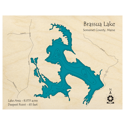 Bathymetric topo map of Brassua Lake, ME with roads, towns and depths noted in blue water.