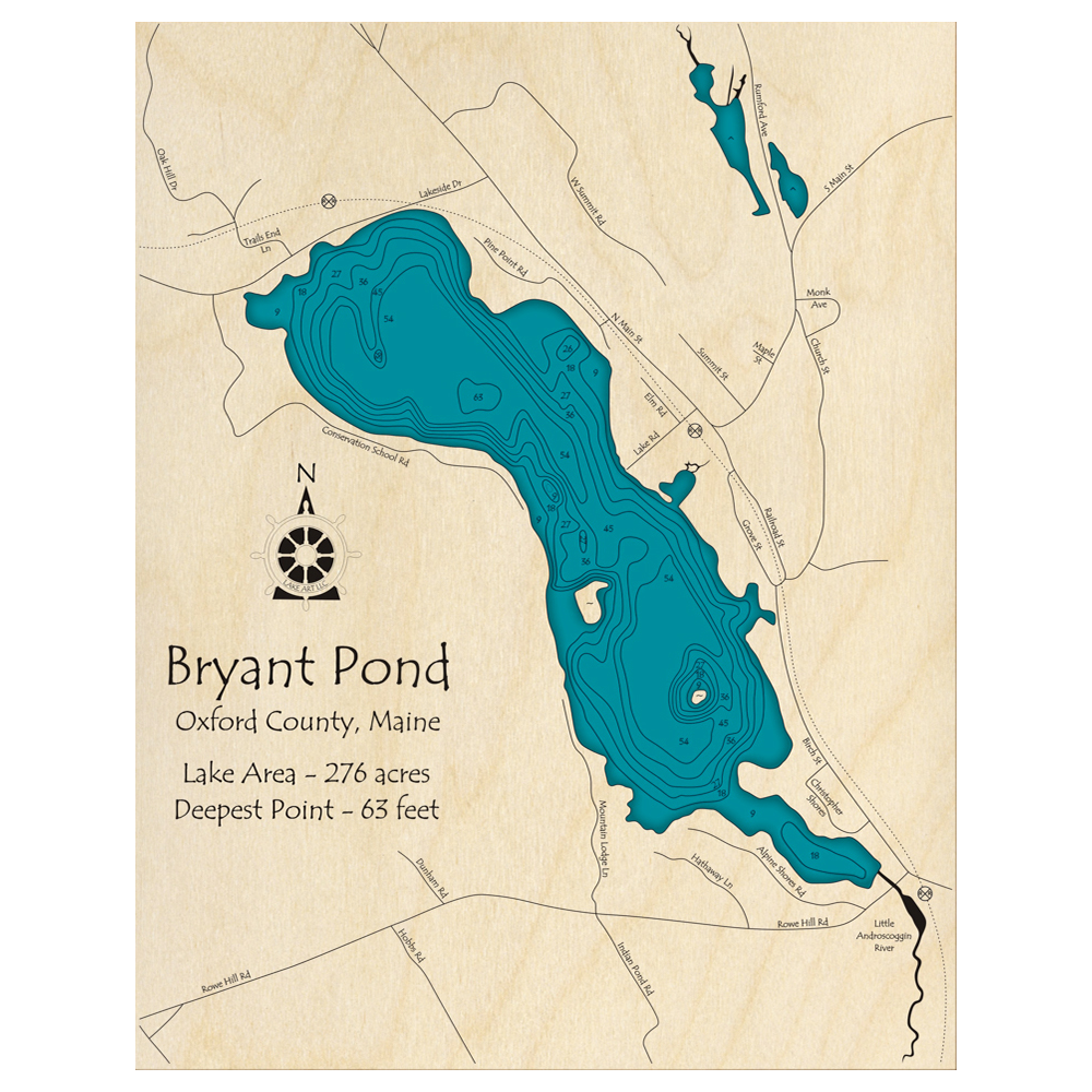 Bathymetric topo map of Bryant Pond, ME with roads, towns and depths noted in blue water.