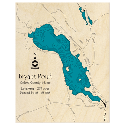 Bathymetric topo map of Bryant Pond, ME with roads, towns and depths noted in blue water.