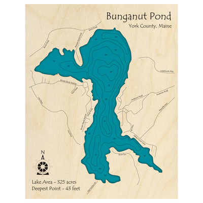 Bathymetric topo map of Bunganut Pond, ME with roads, towns and depths noted in blue water.