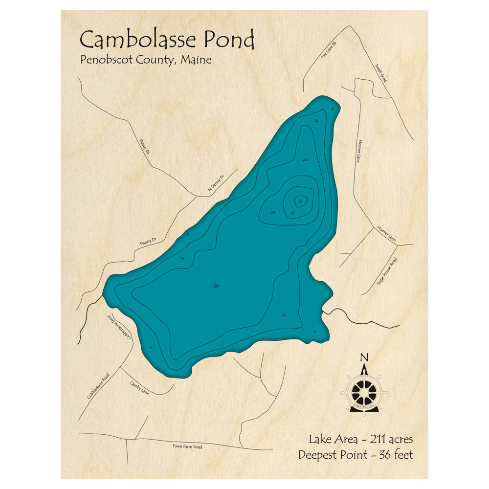 Bathymetric topo map of Cambolasse Pond, ME with roads, towns and depths noted in blue water.