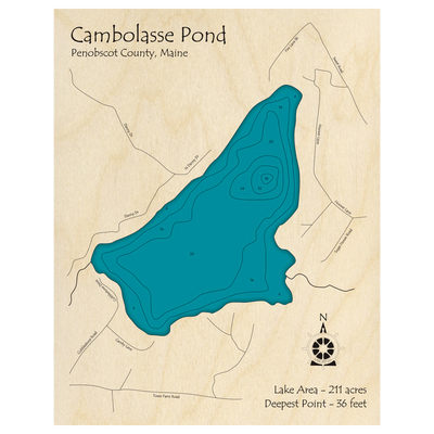 Bathymetric topo map of Cambolasse Pond, ME with roads, towns and depths noted in blue water.
