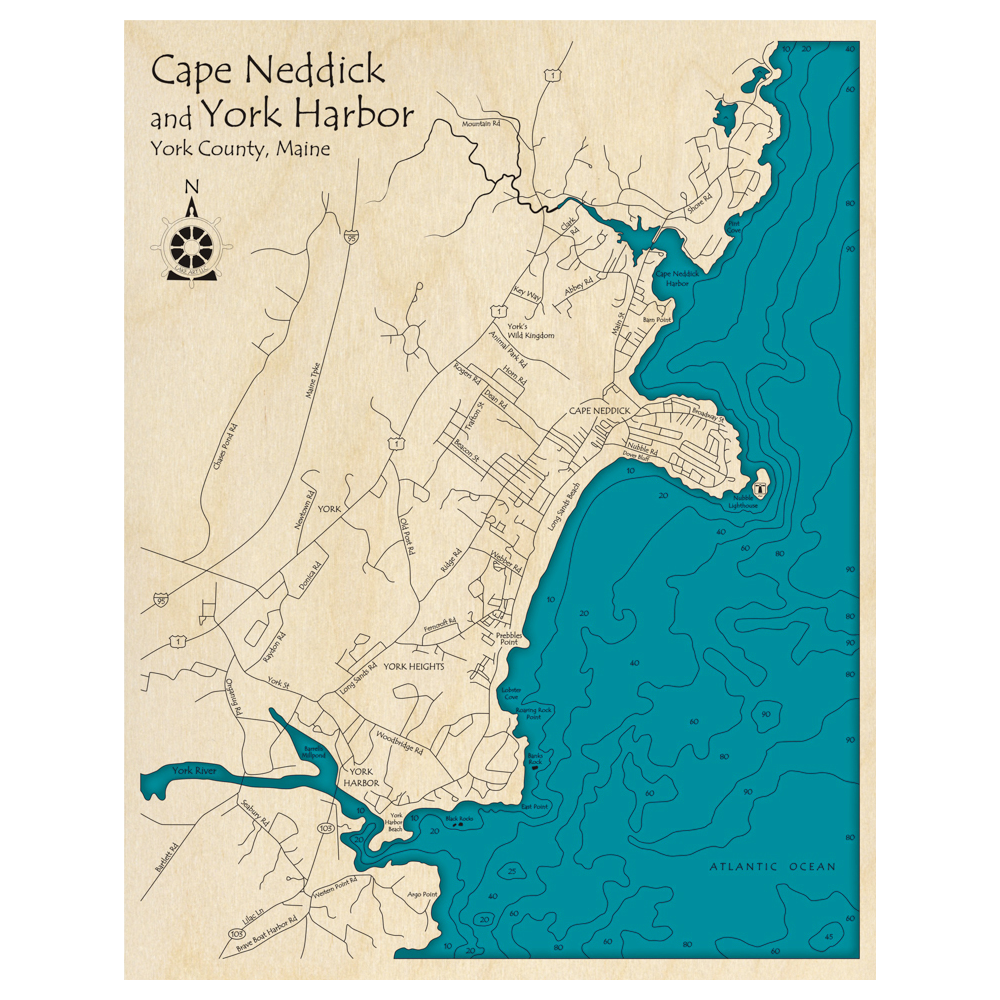 Bathymetric topo map of Cape Neddick and York Harbor, ME with roads, towns and depths noted in blue water.