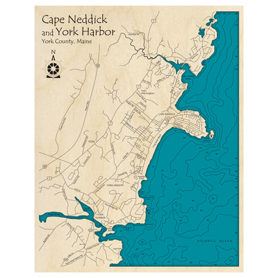 Bathymetric topo map of Cape Neddick and York Harbor, ME with roads, towns and depths noted in blue water.