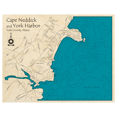Bathymetric topo map of Cape Neddick and York Harbor, ME with roads, towns and depths noted in blue water.