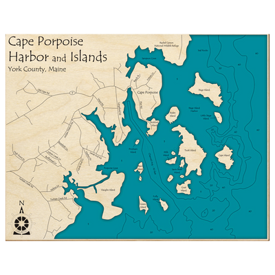 Bathymetric topo map of Cape Porpoise Harbor and Islands, ME with roads, towns and depths noted in blue water.