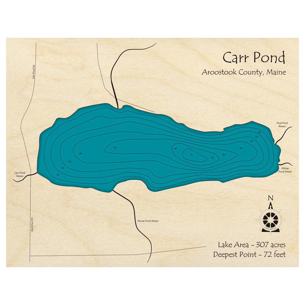 Bathymetric topo map of Carr Pond, ME with roads, towns and depths noted in blue water.