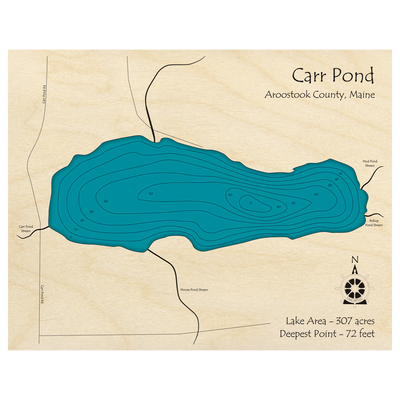 Bathymetric topo map of Carr Pond, ME with roads, towns and depths noted in blue water.