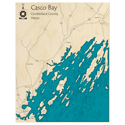 Bathymetric topo map of Casco Bay, ME with roads, towns and depths noted in blue water.