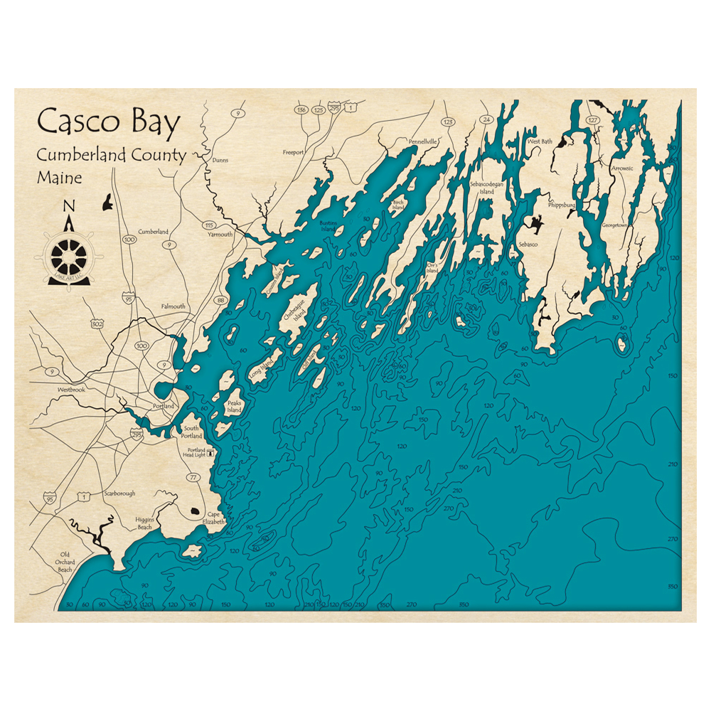 Bathymetric topo map of Casco Bay, ME with roads, towns and depths noted in blue water.