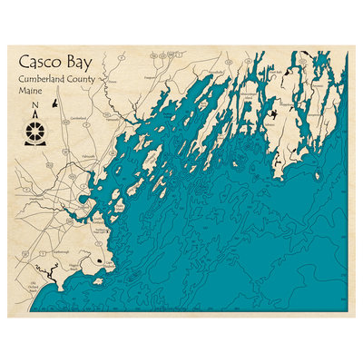 Bathymetric topo map of Casco Bay, ME with roads, towns and depths noted in blue water.