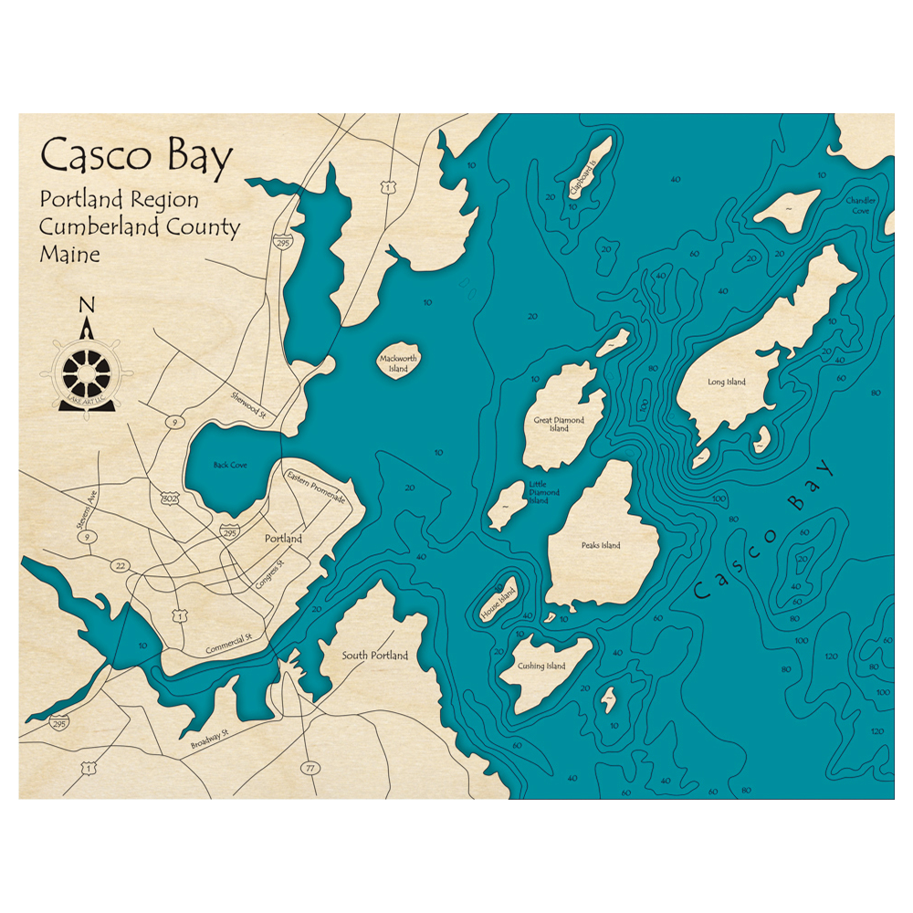 Bathymetric topo map of Casco Bay, ME with roads, towns and depths noted in blue water.