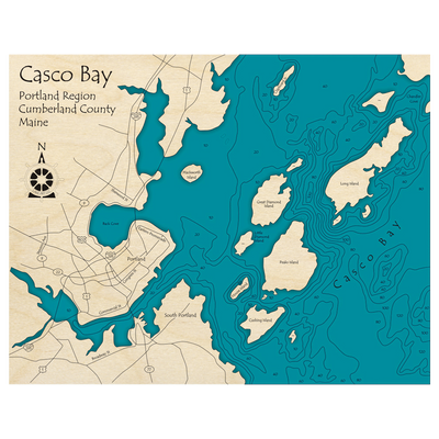Bathymetric topo map of Casco Bay, ME with roads, towns and depths noted in blue water.