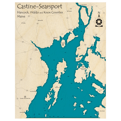 Bathymetric topo map of Castine and Searsport Region, ME with roads, towns and depths noted in blue water.