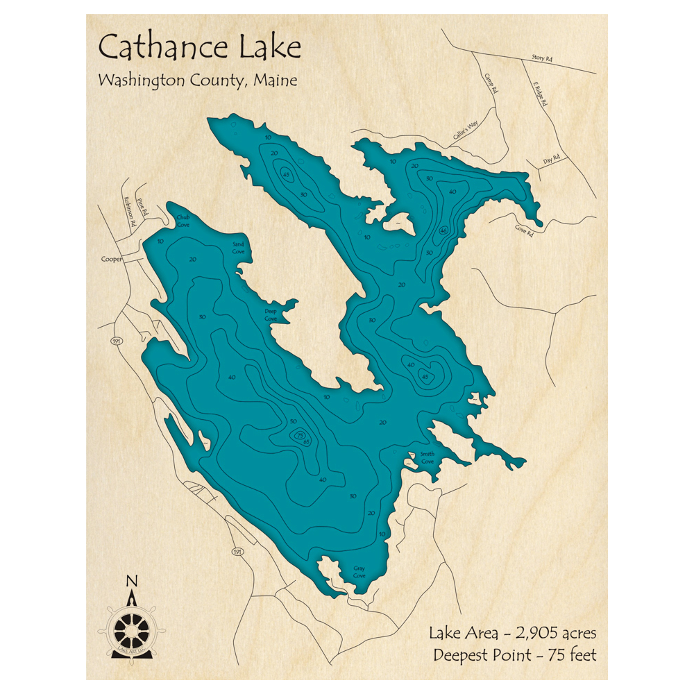 Bathymetric topo map of Cathance Lake, ME with roads, towns and depths noted in blue water.