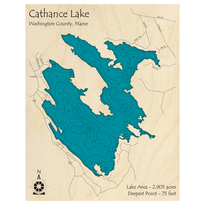 Bathymetric topo map of Cathance Lake, ME with roads, towns and depths noted in blue water.