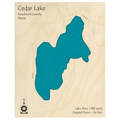 Bathymetric topo map of Cedar Lake, ME with roads, towns and depths noted in blue water.