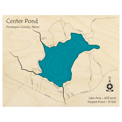 Bathymetric topo map of Center Pond, ME with roads, towns and depths noted in blue water.