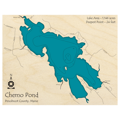 Bathymetric topo map of Chemo Pond, ME with roads, towns and depths noted in blue water.