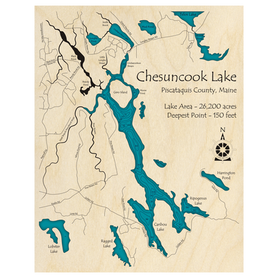 Bathymetric topo map of Chesuncook Lake, ME with roads, towns and depths noted in blue water.