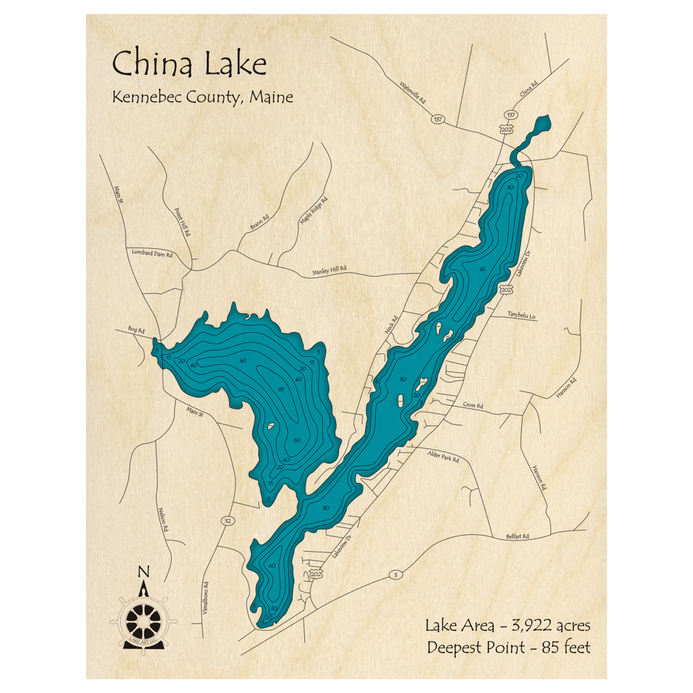 Bathymetric topo map of China Lake, ME with roads, towns and depths noted in blue water.