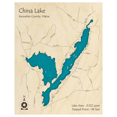 Bathymetric topo map of China Lake, ME with roads, towns and depths noted in blue water.