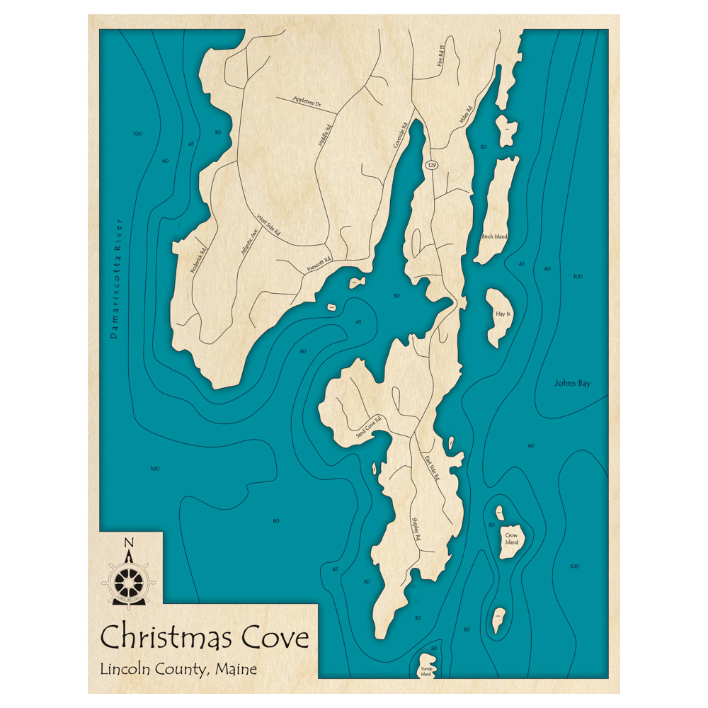 Bathymetric topo map of Christmas Cove, ME with roads, towns and depths noted in blue water.